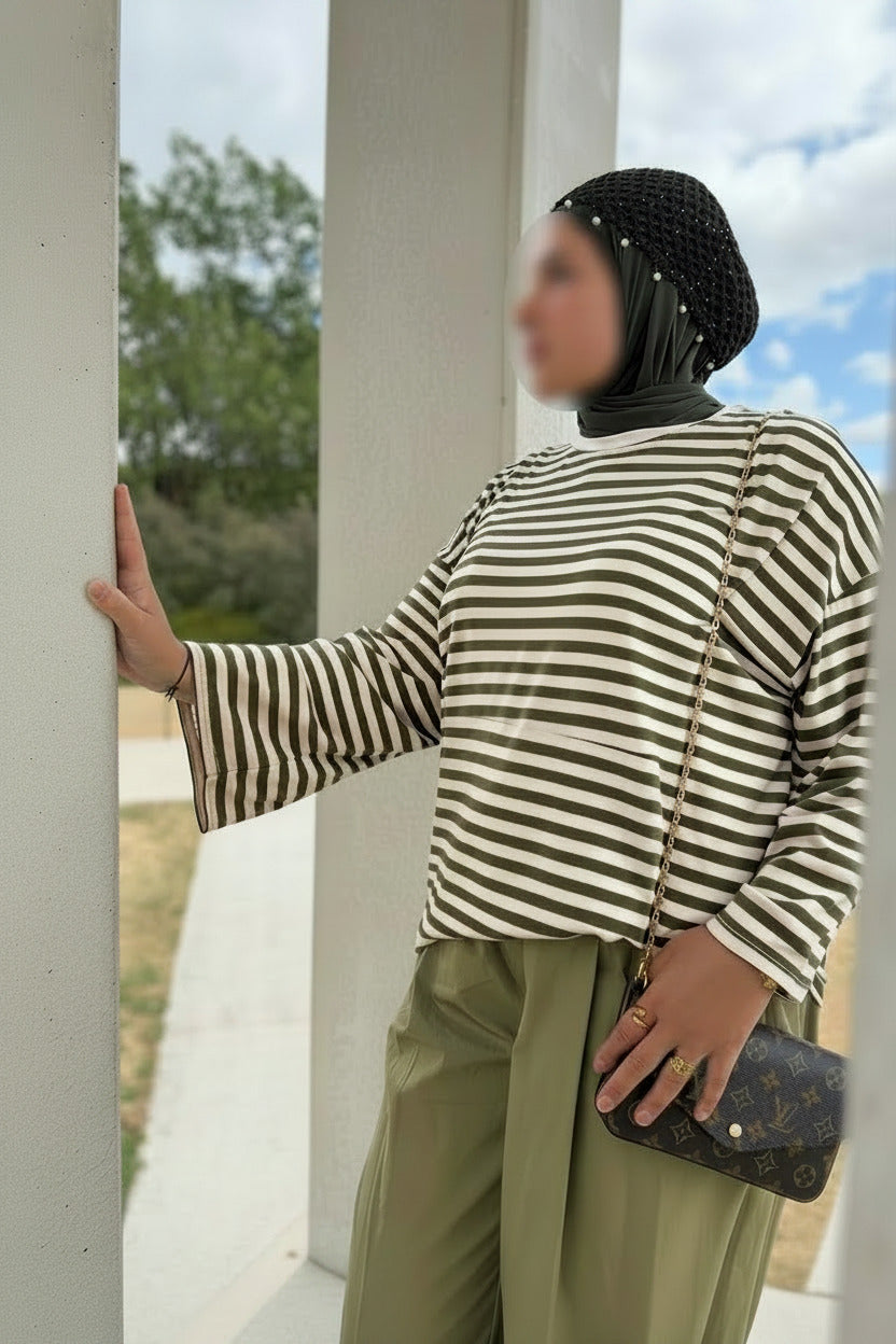 T-shirt SIGNATURE rayé - Kaki & Crème
